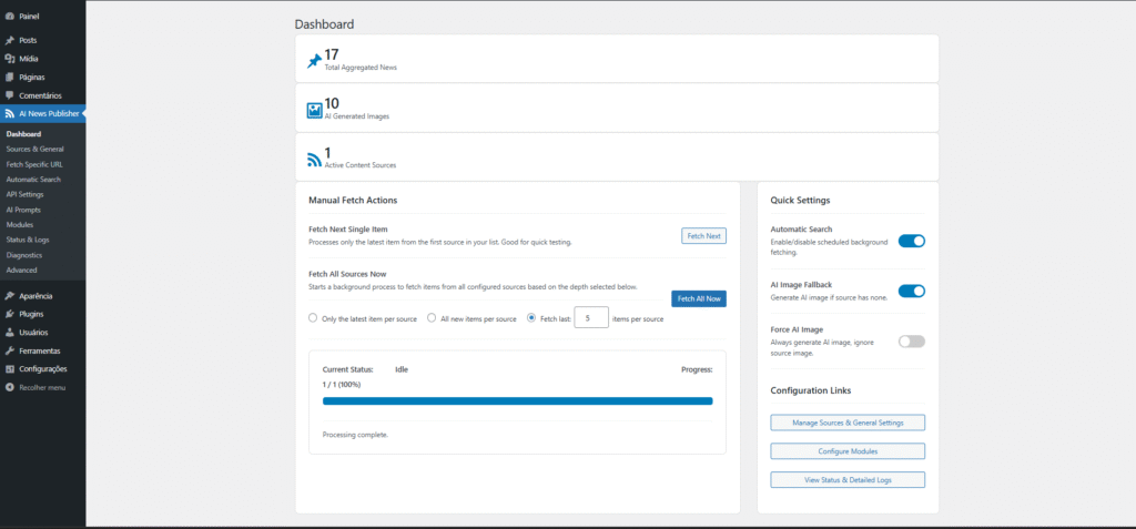 The command center of the plugin. It provides a real-time overview of your automated empire, displaying total aggregated posts, AI-generated images, and active sources. It also features quick-action buttons for manual fetching and instant toggles for core automation settings.