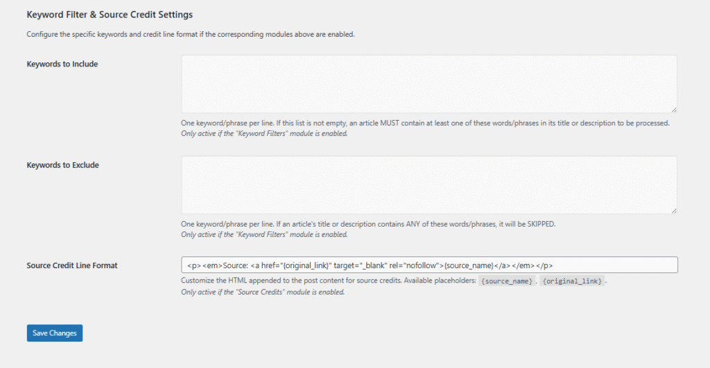 Smart Content Curation. Don't just aggregate; curate with precision. Define specific 'Inclusion Keywords' to ensure every imported article strictly matches your niche. Conversely, use the 'Exclusion List' to automatically block unwanted topics, sensitive subjects, or competitors, ensuring your feed remains high-quality and on-brand.