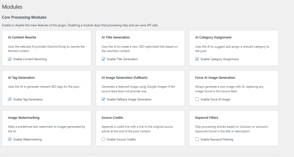 A modular architecture designed for efficiency. Enable or disable specific processing steps—such as Content Rewriting, Image Generation, Watermarking, Source Crediting, or Keyword Filtering—to optimize API usage and tailor the workflow to your needs.