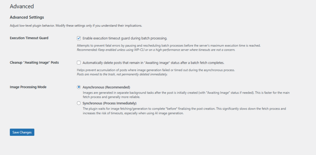 Under-the-hood controls for power users. Configure execution timeout guards to prevent server crashes, toggle between Synchronous and Asynchronous image processing modes, and manage data cleanup policies for maximum stability.