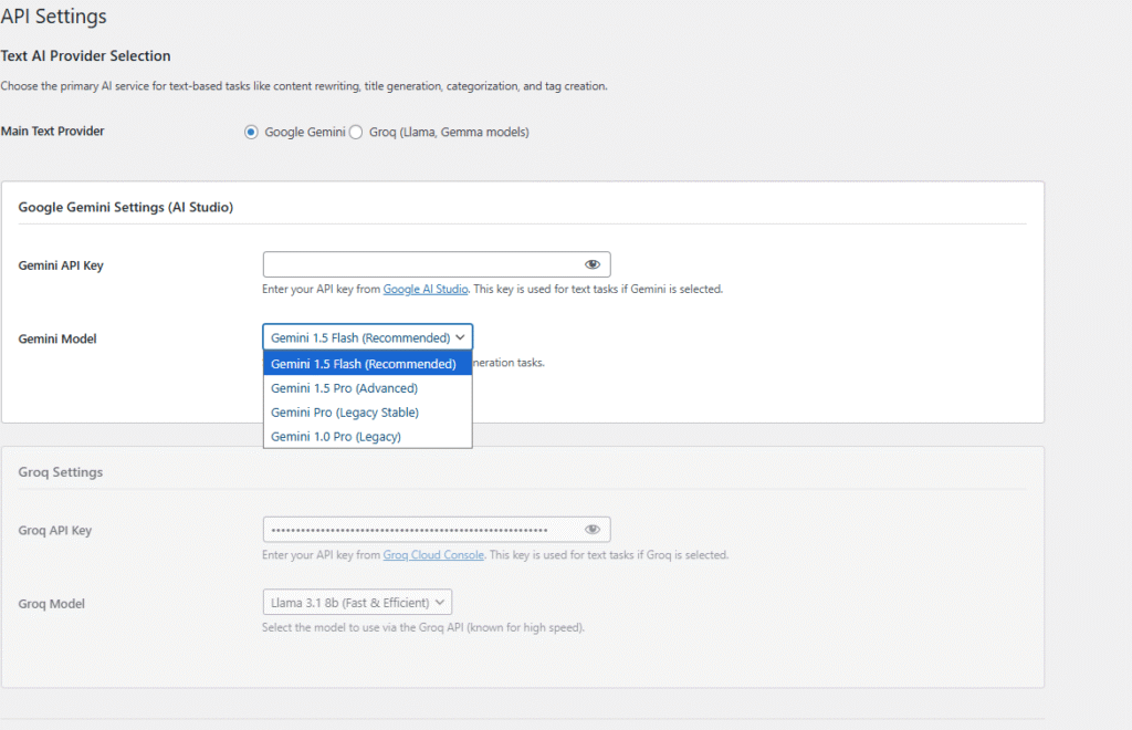 The integration hub. Securely manage your connections to Google Gemini and Groq for ultra-fast text processing, and Google Imagen 3.0 (Vertex AI) or Unsplash for stunning visual content. You can even select specific AI models to balance speed versus quality.